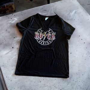 Oversized Distressed Band Tee Rocker V Neck